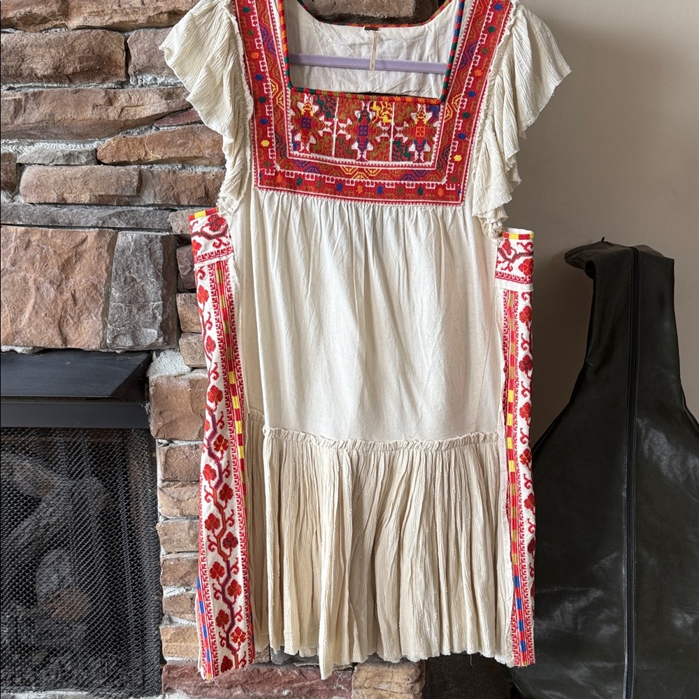 NWOT Free People Cream Midi Dress with Red Embroidered Yoke